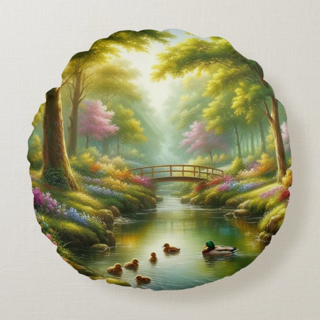 Coussins Ronds Brook de printemps avec canards/fleurs (Devant)