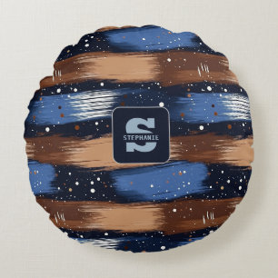 Coussins Ronds Brosses Abstraites en bleu, blanc et Brown (3)
