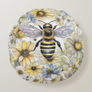 Coussins Ronds Bumble Bee printanier peint à la floraison.