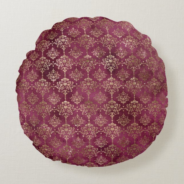 Coussins Ronds Burgundy Red Gold Damask (Devant)