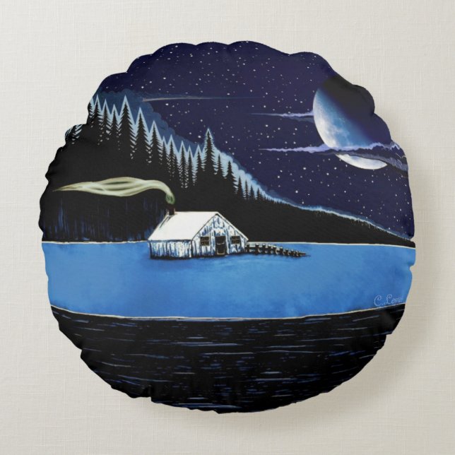 Coussins Ronds "Cabine par le lac" Rond design Coussin. (Devant)