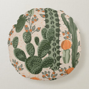 Coussins Ronds Cactus succulents vintages verts et fleurs oranges