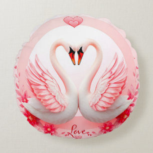 Coussins Ronds Cadeau de mariage floral de cygnes romantiques