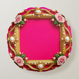 Coussins Ronds Cadre doré avec roses élégantes et perles