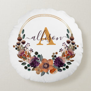 Coussins Ronds Cadre floral personnalisé bordeaux et or