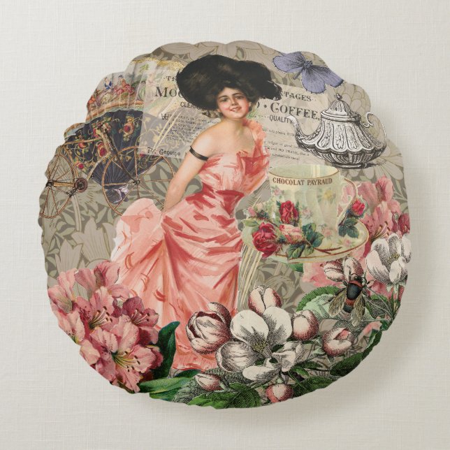 Coussins Ronds Café Lady Victorian Femme Rose Classy (Devant)