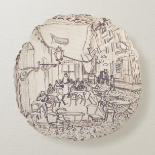 Coussins Ronds Café Terrasse en soirée, Dessin d'art, Van Gogh