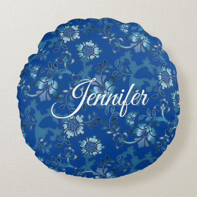 Coussins Ronds Calligraphie Elégant bleu Floral Nom personnalisé (Devant)
