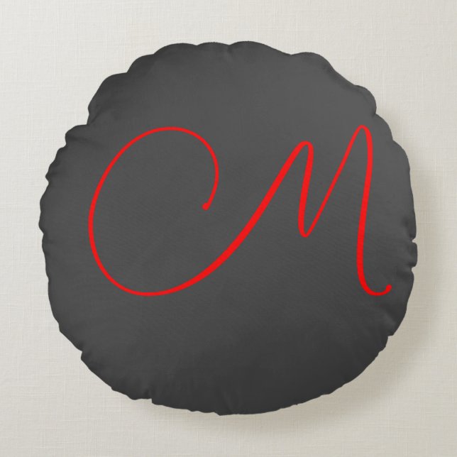 Coussins Ronds Calligraphie rouge gris unique nom monogramme init (Devant)
