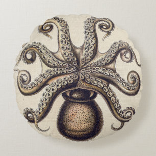 Coussins Ronds Calmar de poulpe vintage par Ernst Haeckel