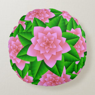 Coussins Ronds Camellias rose glace et Feuilles verts