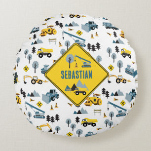 Coussins Ronds Camions de Construction Bleus & Thème de Chantier 