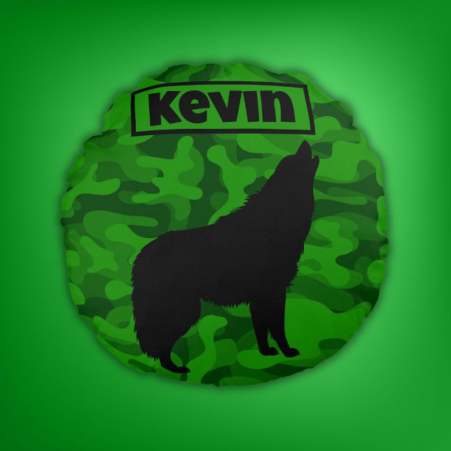 Coussins Ronds Camo vert moderne noir Wolf Silhouette Monogramme  (Créateur téléchargé)