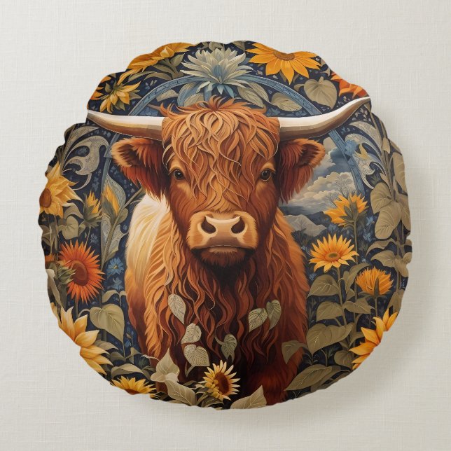 Coussins Ronds Campagne rustique Highland Cow Sunflowers (Devant)