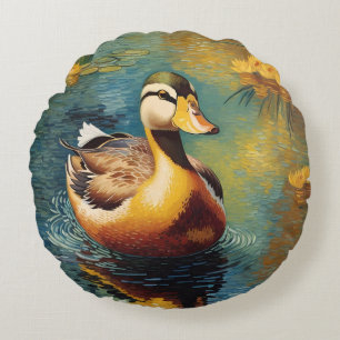 Coussins Ronds Canard Tranquille Sur Un Étang Peinture Artistique