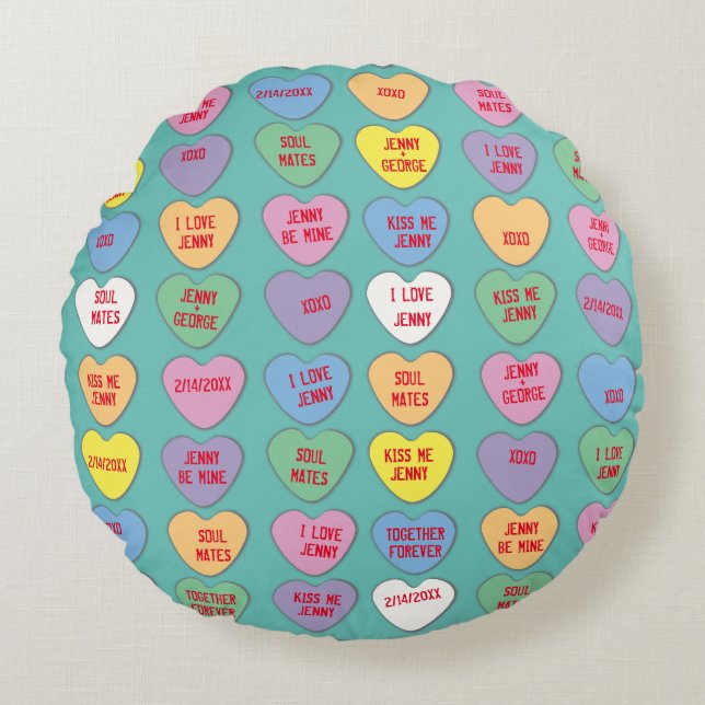 Coussins Ronds Candy Hearts messages personnalisés Valentine (Devant)