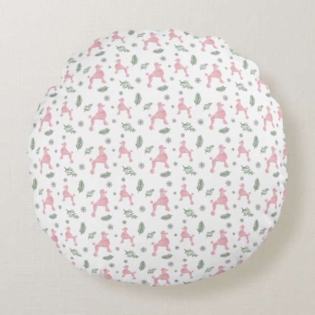 Coussins Ronds Caniche Silhouette Motif rose de Noël (Devant)