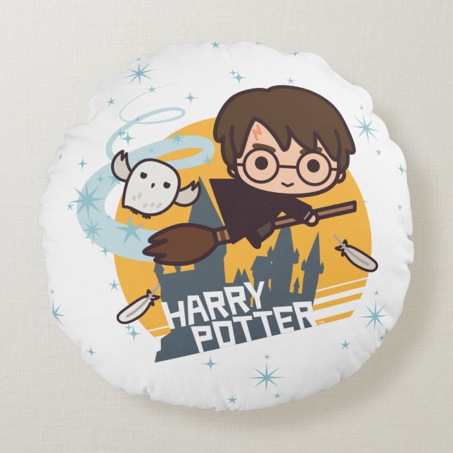 Coussins Ronds Caricature Harry et Hedwig Flying Passé Hogwares (Devant)