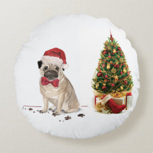 Coussins Ronds Carlin drôle Chien de Noël avec arbre