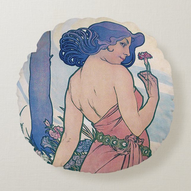 Coussins Ronds Carnation (Quatre Fleurs), Alphonse Mucha Throw Pi (Devant)