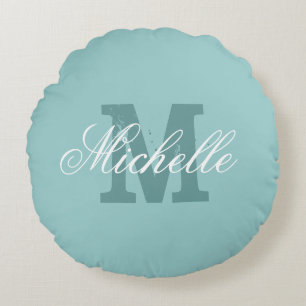 Coussins Ronds Carreau rond personnalisé   Teal de monogramme