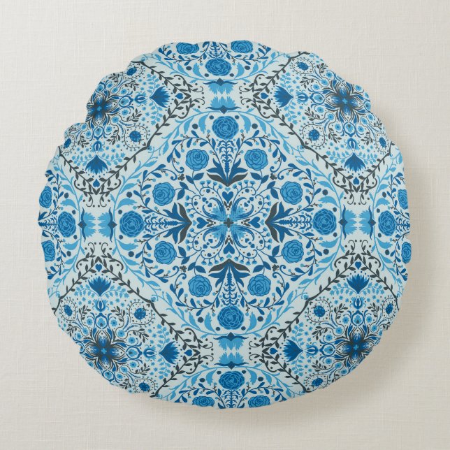 Coussins Ronds Carreaux à fleurs bleus (Devant)