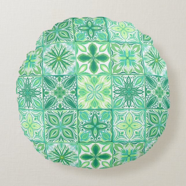 Coussins Ronds Carreaux décorés en vert et blanc (Devant)