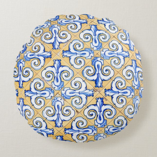 Coussins Ronds Carreaux espagnols - Azulejo Bleu, Jaune et Blanc (Devant)