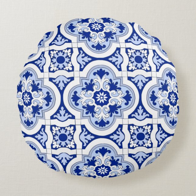 Coussins Ronds Carrelage italien, majolica, bleu et blanc motif   (Devant)