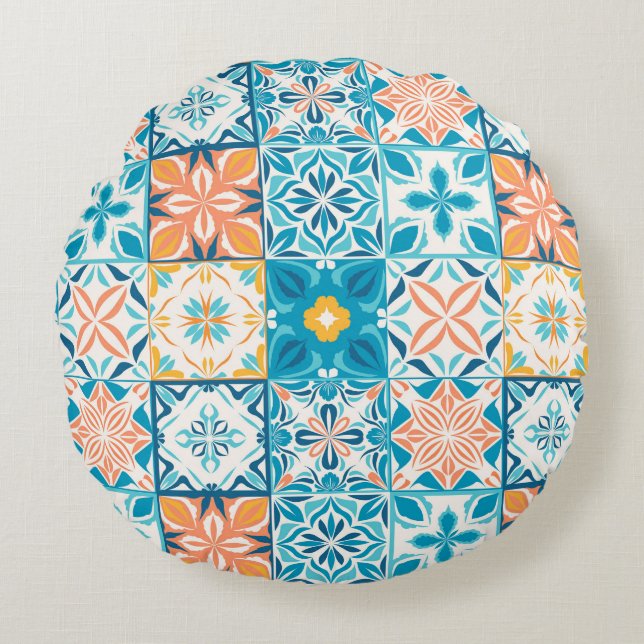 Coussins Ronds Carrelage orange et bleu (Devant)