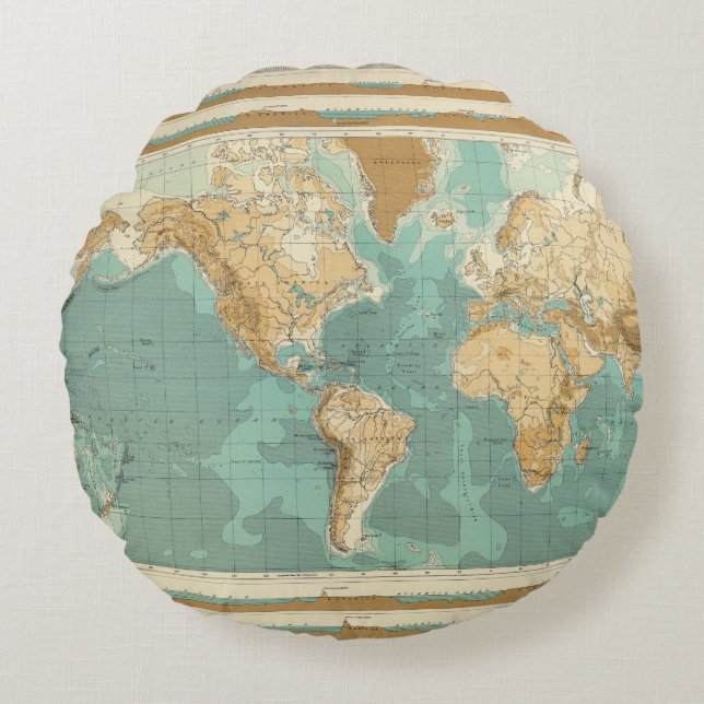 Coussins Ronds Carte bathyorographical du monde (Devant)