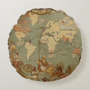 Coussins Ronds Carte du monde Antique 1886 Illustré