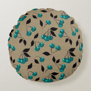 Coussins Ronds Cartographie mignon cerise bleu baie noir feuille 