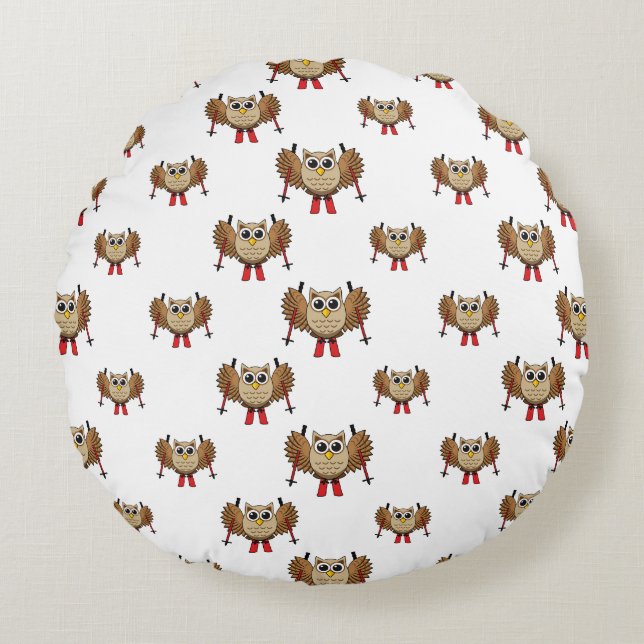 Coussins Ronds Cartoon de ski de Chouette (Devant)