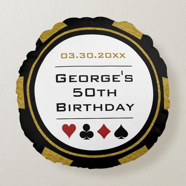 Coussins Ronds Casino Poker Chip Noir et Or Anniversaire (Devant)