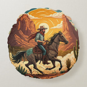 Coussins Ronds Cavalier sur un cheval au coucher du soleil