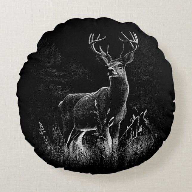 Coussins Ronds Cerf aux bois encadrés par champ et arbre (Devant)