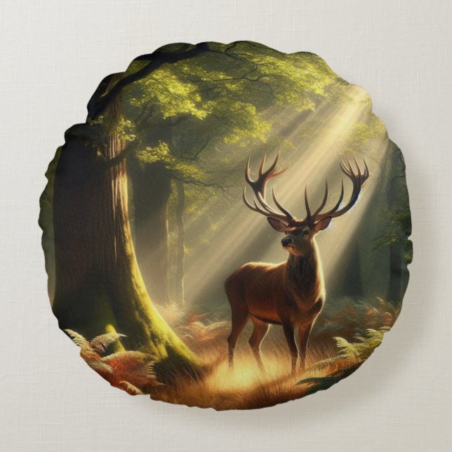 Coussins Ronds Cerf dans la forêt matinale (Devant)