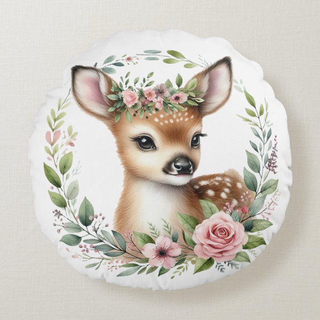 Coussins Ronds Cerf de bébé mignon avec fleurs roses (Devant)