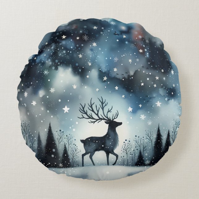 Coussins Ronds Cerf d'une Nuit d'Hiver Étoilée (Devant)