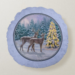 Coussins Ronds Cerf et arbre de Noël Bleu d'hiver