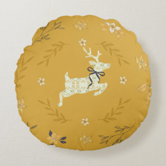Coussins Ronds Cerf Floral Jaune de Noël