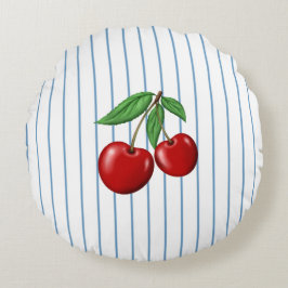 Coussins Ronds Cerises rouges sur les Motifs de bandes bleues