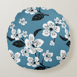 COUSSINS RONDS CERISIER EN FLEURS - MOTIF SAKURA BLEU FUMÉ