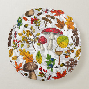 Coussins Ronds Champignons d'automne, feuilles, noix et baies sur