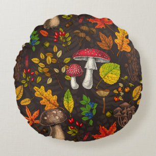 Coussins Ronds Champignons d'automne, feuilles, noix et baies sur