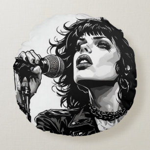 Coussins Ronds Chanteuse goth punk fille graphique rétro BD noir