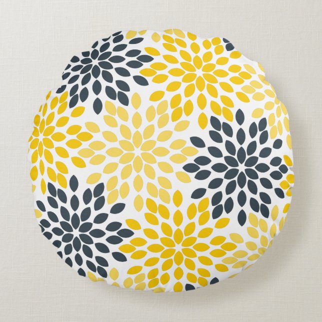 Coussins Ronds Charbon jaune et gris Moderne Floral (Devant)