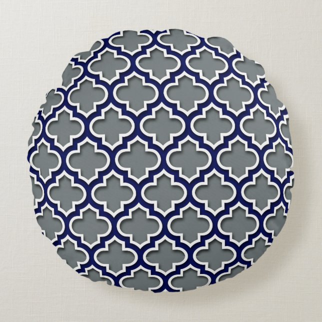 Coussins Ronds Charcoal Gray Navy White Moroccan Quatrefoil #5DS (Devant)