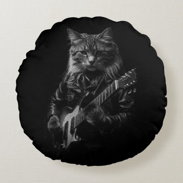 Coussins Ronds Chat avec cuir Veste jouant guitare électrique (Devant)